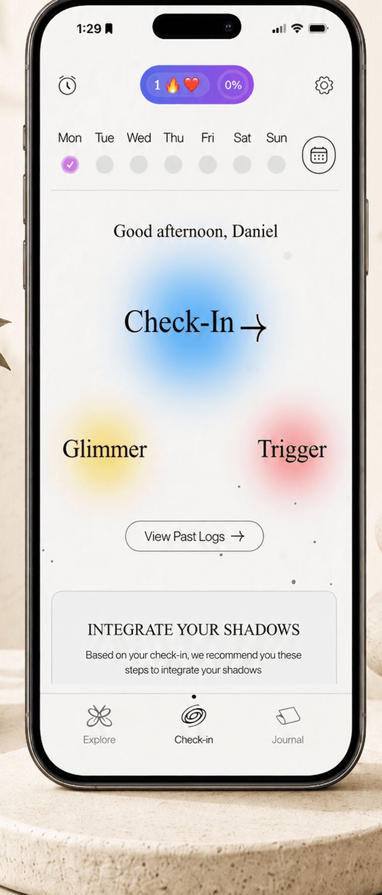ZenfulNote Check-In screen for tracking glimmers, triggers, and progress.